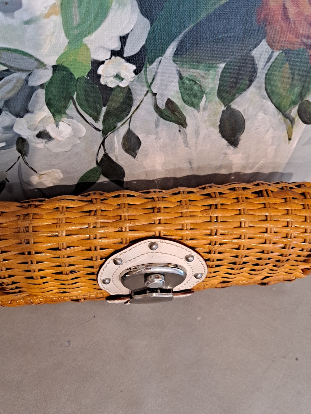 The Limited Woven Barrel Wicker Rattan Clutch White Trim and Silver Hardware - Picture 7 of 11